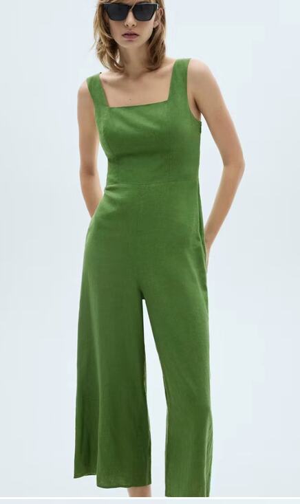 Mango Pants - NWT Mango Green Linen Jumper Jumpsuit Medium